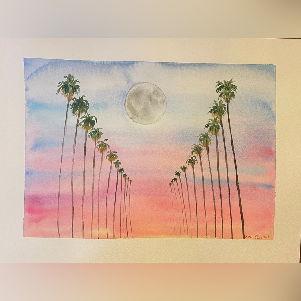 Original watercolor palm tree sunset painting contemporary art